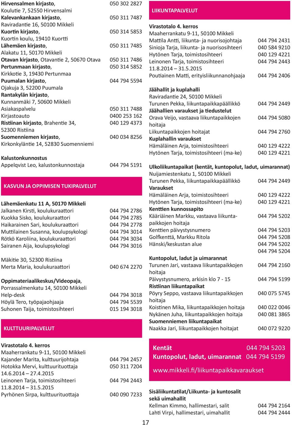 794 5594 Ojakuja 3, 52200 Puumala Rantakylän kirjasto, Kunnanmäki 7, 50600 Mikkeli Asiakaspalvelu 050 311 7488 Kirjastoauto 0400 253 162 Ristiinan kirjasto, Brahentie 34, 040 129 4373 52300 Ristiina