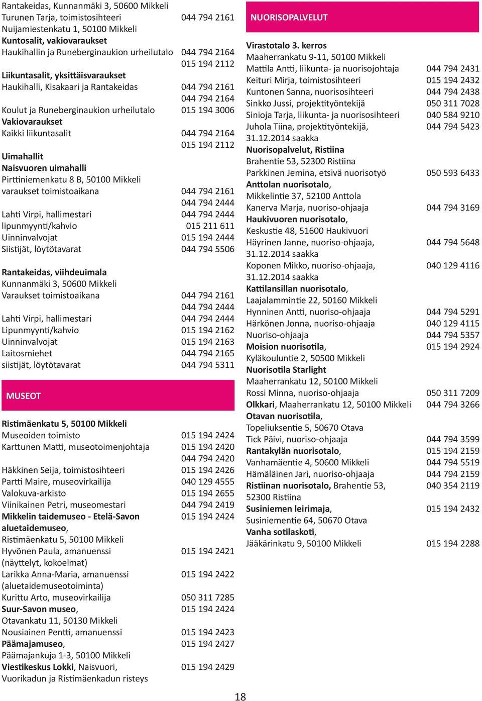 liikuntasalit 044 794 2164 015 194 2112 Uimahallit Naisvuoren uimahalli Pirttiniemenkatu 8 B, 50100 Mikkeli varaukset toimistoaikana 044 794 2161 044 794 2444 Lahti Virpi, hallimestari 044 794 2444
