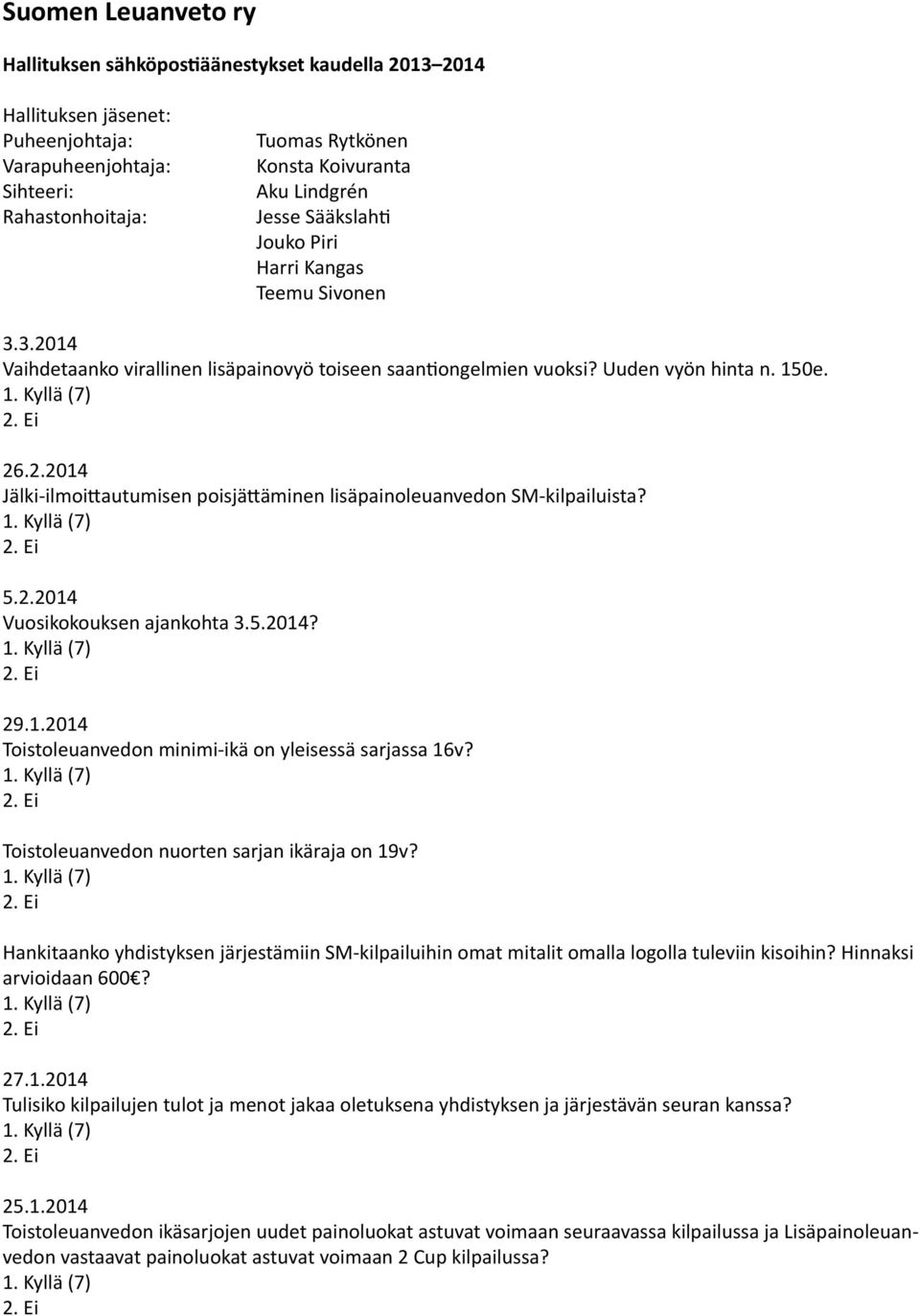 5.2.2014 Vuosikokouksen ajankohta 3.5.2014? 29.1.2014 Toistoleuanvedon minimi-ikä on yleisessä sarjassa 16v? Toistoleuanvedon nuorten sarjan ikäraja on 19v?