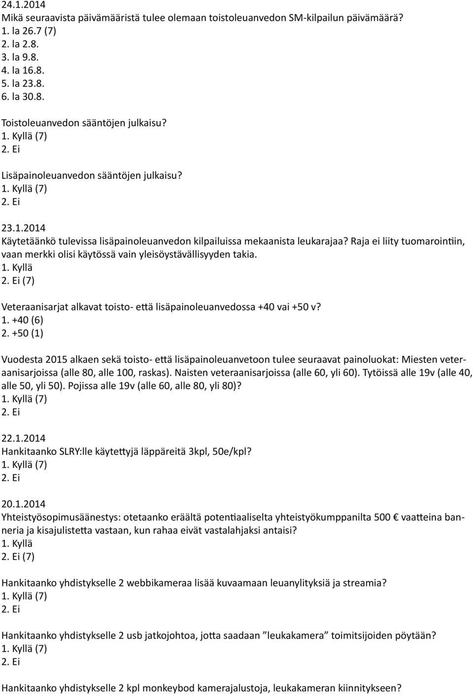 Raja ei liity tuomarointiin, vaan merkki olisi käytössä vain yleisöystävällisyyden takia. 1. Kyllä (7) Veteraanisarjat alkavat toisto- että lisäpainoleuanvedossa +40 vai +50 v? 1. +40 (6) 2.