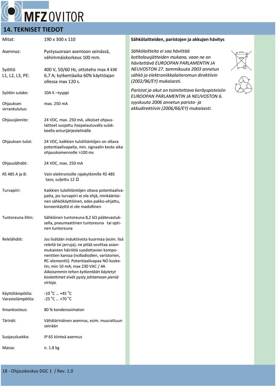 250 ma Sähkölaitteiden, paristojen ja akkujen hävitys Sähkölaitteita ei saa hävittää kotitalousjätteiden mukana, vaan ne on hävitettävä EUROOPAN PARLAMENTIN JA NEUVOSTON 27.