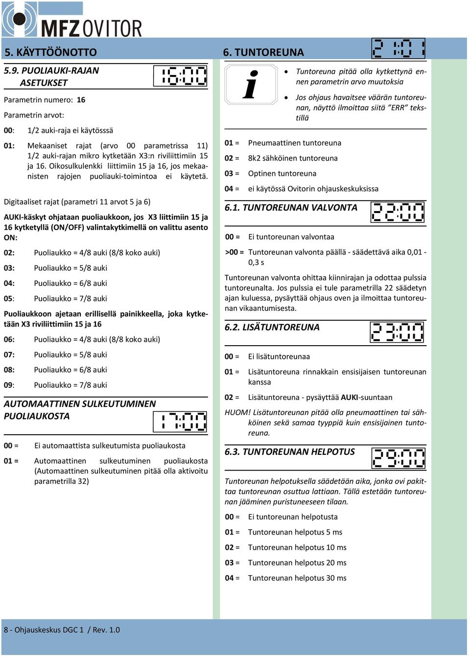 Oikosulkulenkki liittimiin 5 ja 6, jos mekaanisten rajojen puoliauki toimintoa ei käytetä.
