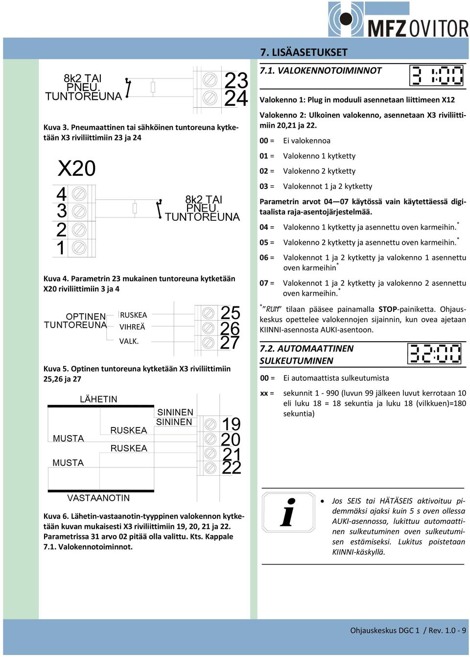 Optinen tuntoreuna kytketään X3 riviliittimiin 25,26 ja 27 MUSTA MUSTA LÄHETI N RUSKEA RUSKEA SI NI NEN SI NI NEN 25 26 27 9 20 2 22 7. LISÄASETUKSET 7.