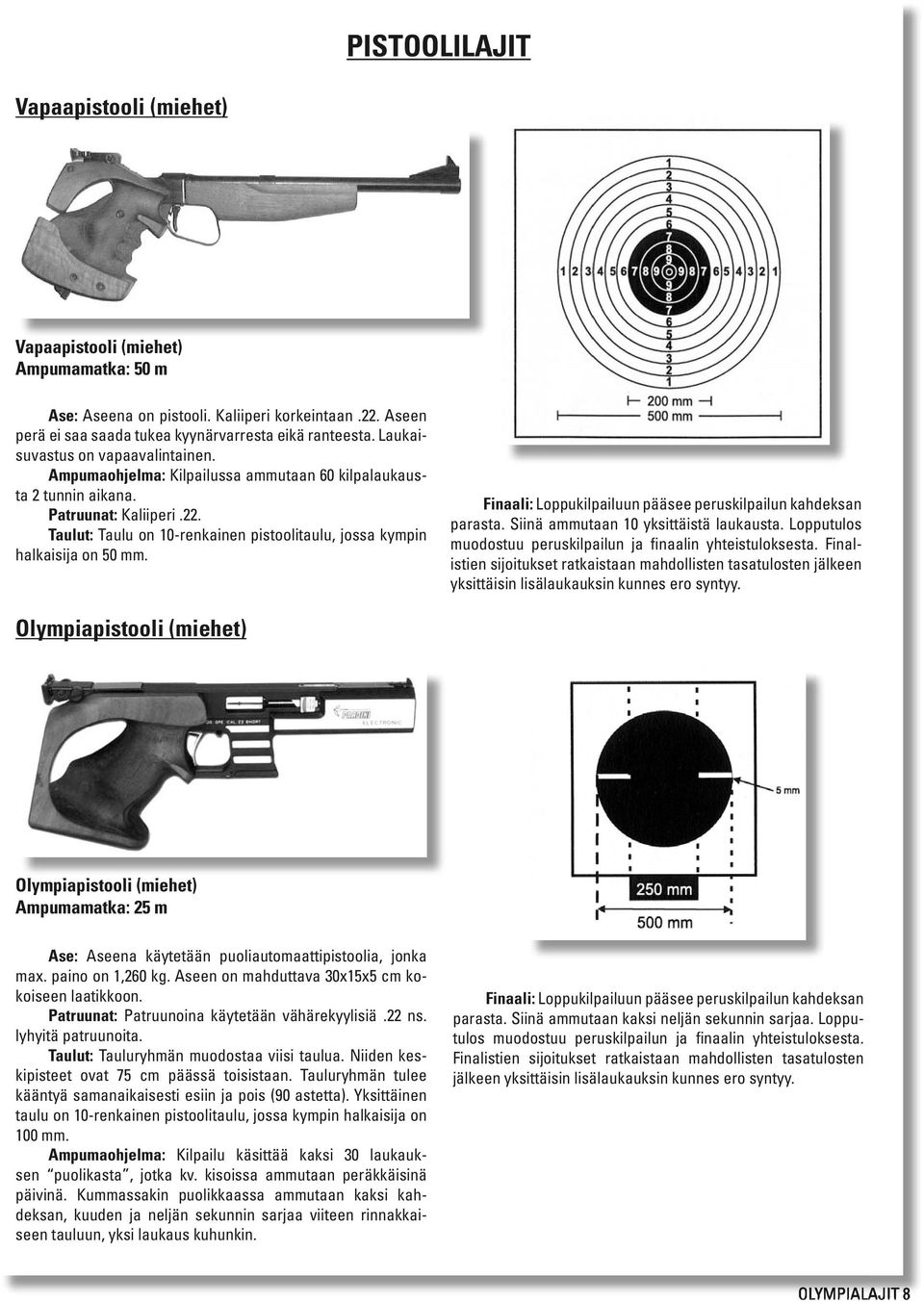 Taulut: Taulu on 10-renkainen pistoolitaulu, jossa kympin halkaisija on 50 mm. Finaali: Loppukilpailuun pääsee peruskilpailun kahdeksan parasta. Siinä ammutaan 10 yksittäistä laukausta.