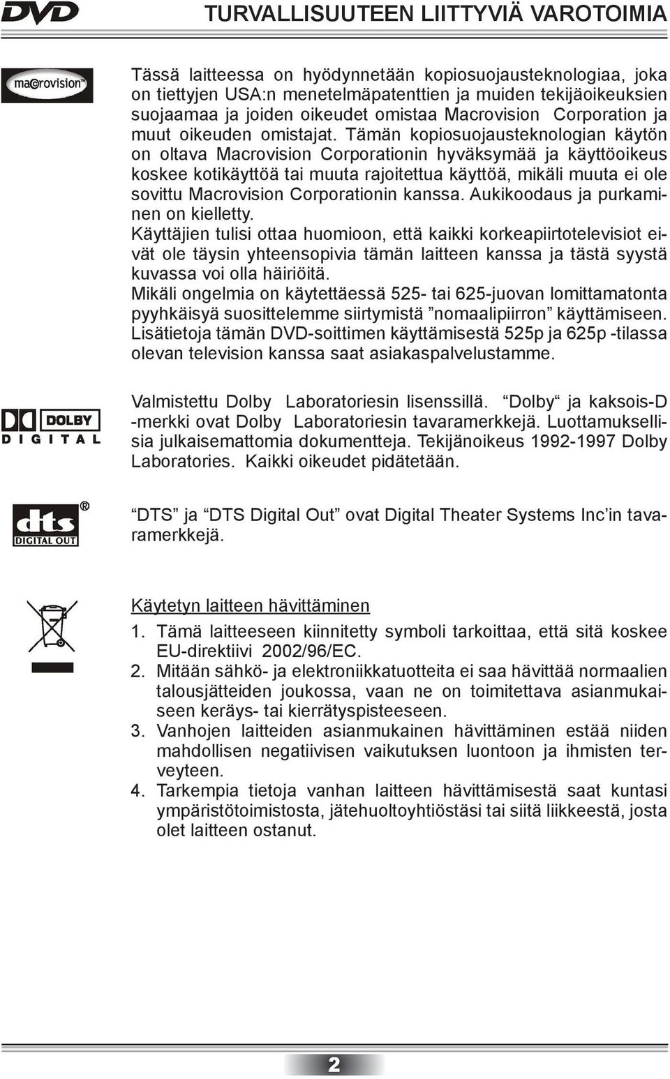 Tämän kopiosuojausteknologian käytön on oltava Macrovision Corporationin hyväksymää ja käyttöoikeus koskee kotikäyttöä tai muuta rajoitettua käyttöä, mikäli muuta ei ole sovittu Macrovision