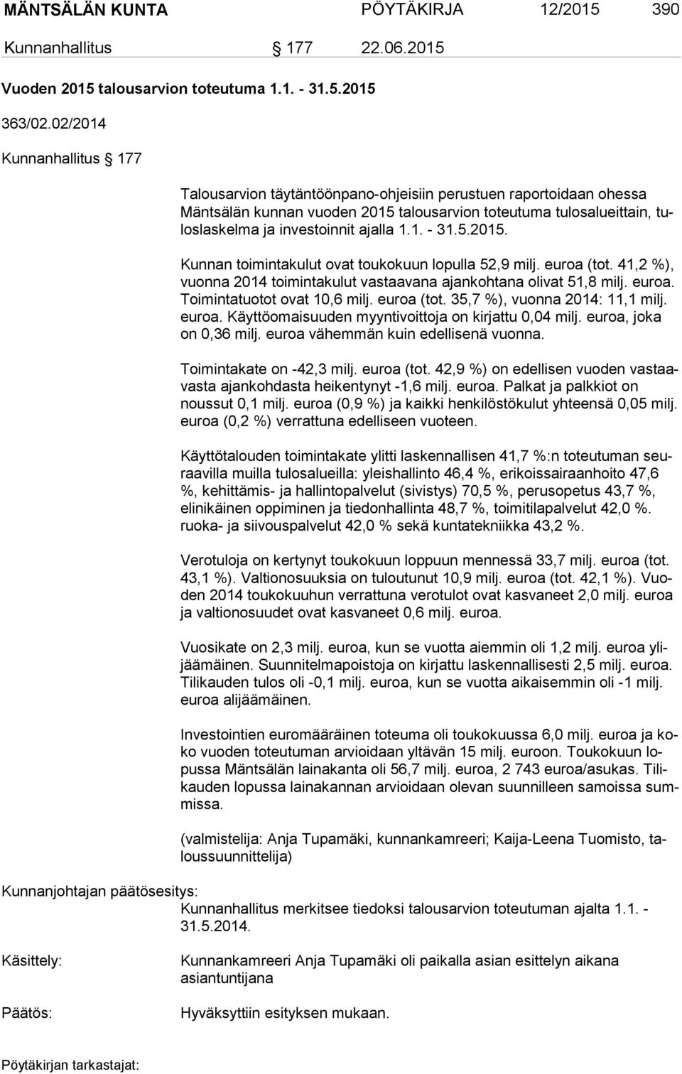 ajalla 1.1. - 31.5.2015. Kunnan toimintakulut ovat toukokuun lopulla 52,9 milj. euroa (tot. 41,2 %), vuon na 2014 toimintakulut vastaavana ajankohtana olivat 51,8 milj. euroa. Toi min ta tuo tot ovat 10,6 milj.