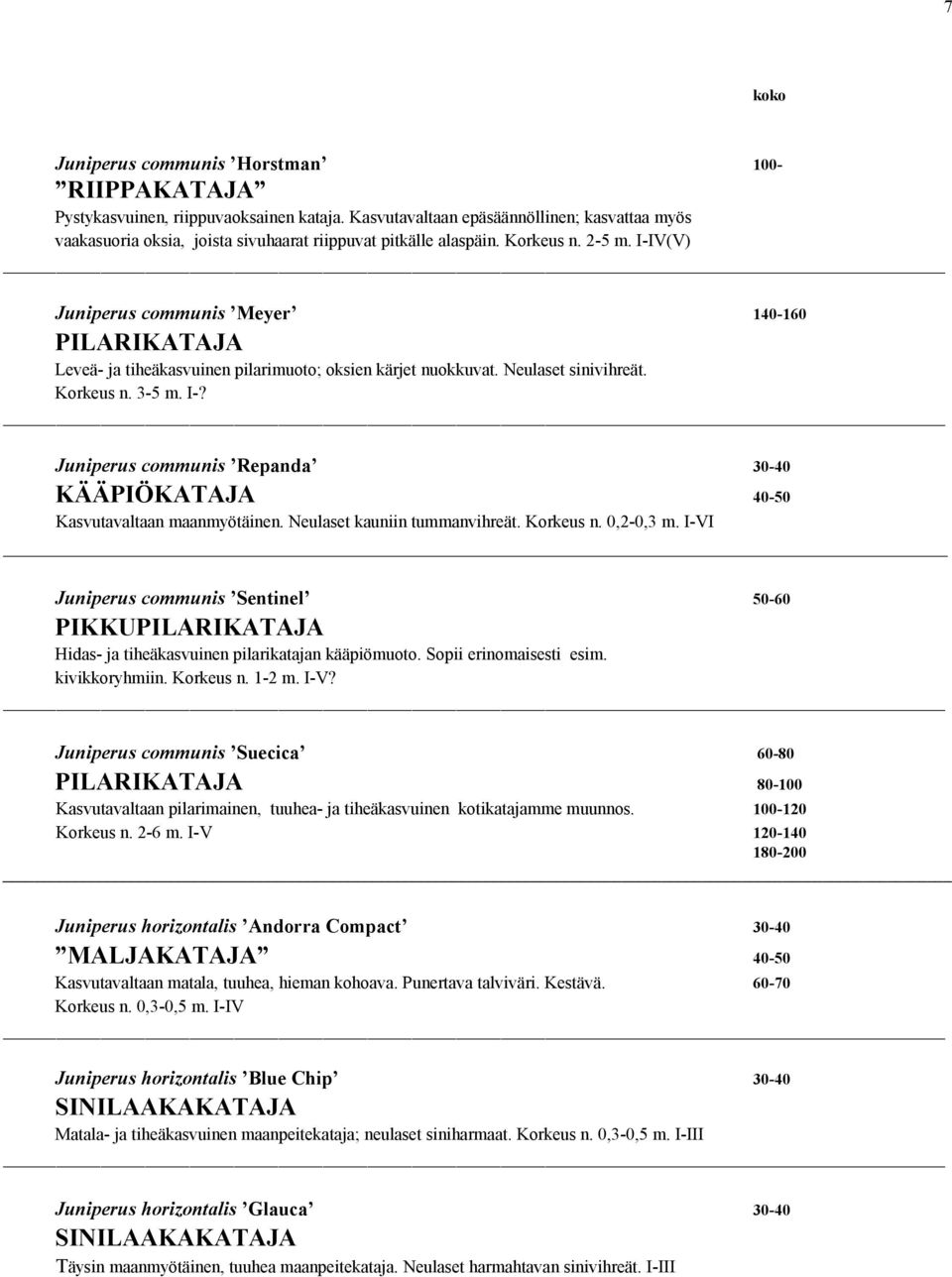 I-IV(V) Juniperus communis Meyer 140-160 PILARIKATAJA Leveä- ja tiheäkasvuinen pilarimuoto; oksien kärjet nuokkuvat. Neulaset sinivihreät. Korkeus n. 3-5 m. I-?