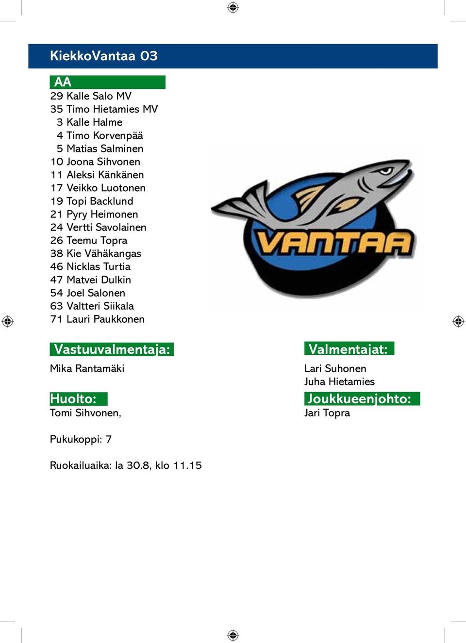 Kie Vähäkangas 46 Nicklas Turtia 47 Matvei Dulkin 54 Joel Salonen 63 Valtteri Siikala 71 Lauri Paukkonen