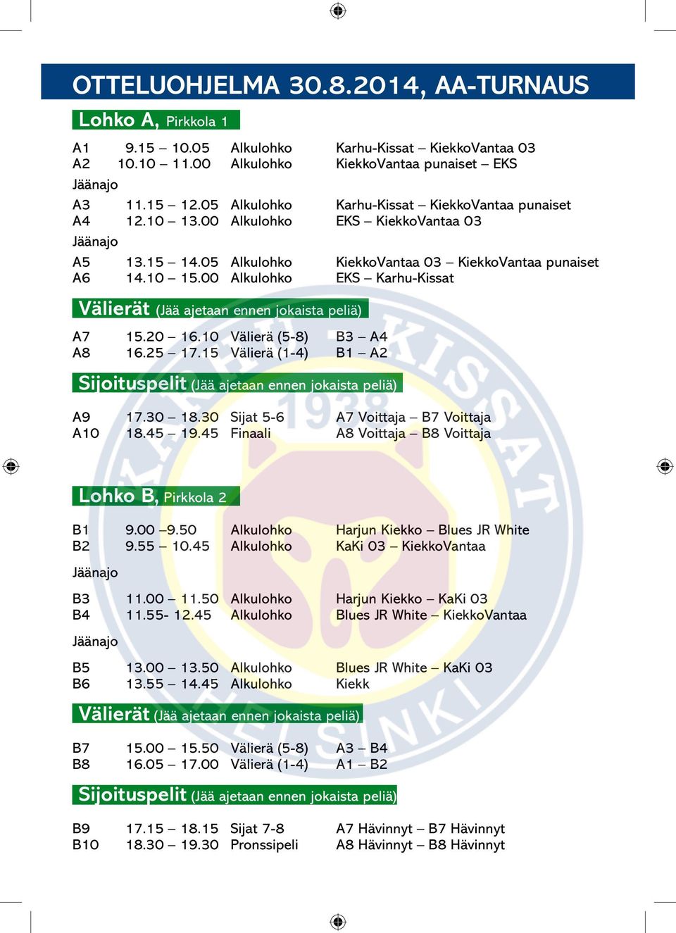 00 Alkulohko EKS Karhu-Kissat Välierät (Jää ajetaan ennen jokaista peliä) A7 15.20 16.10 Välierä (5-8) B3 A4 A8 16.25 17.15 Välierä (1-4) B1 A2 Sijoituspelit (Jää ajetaan ennen jokaista peliä) A9 17.