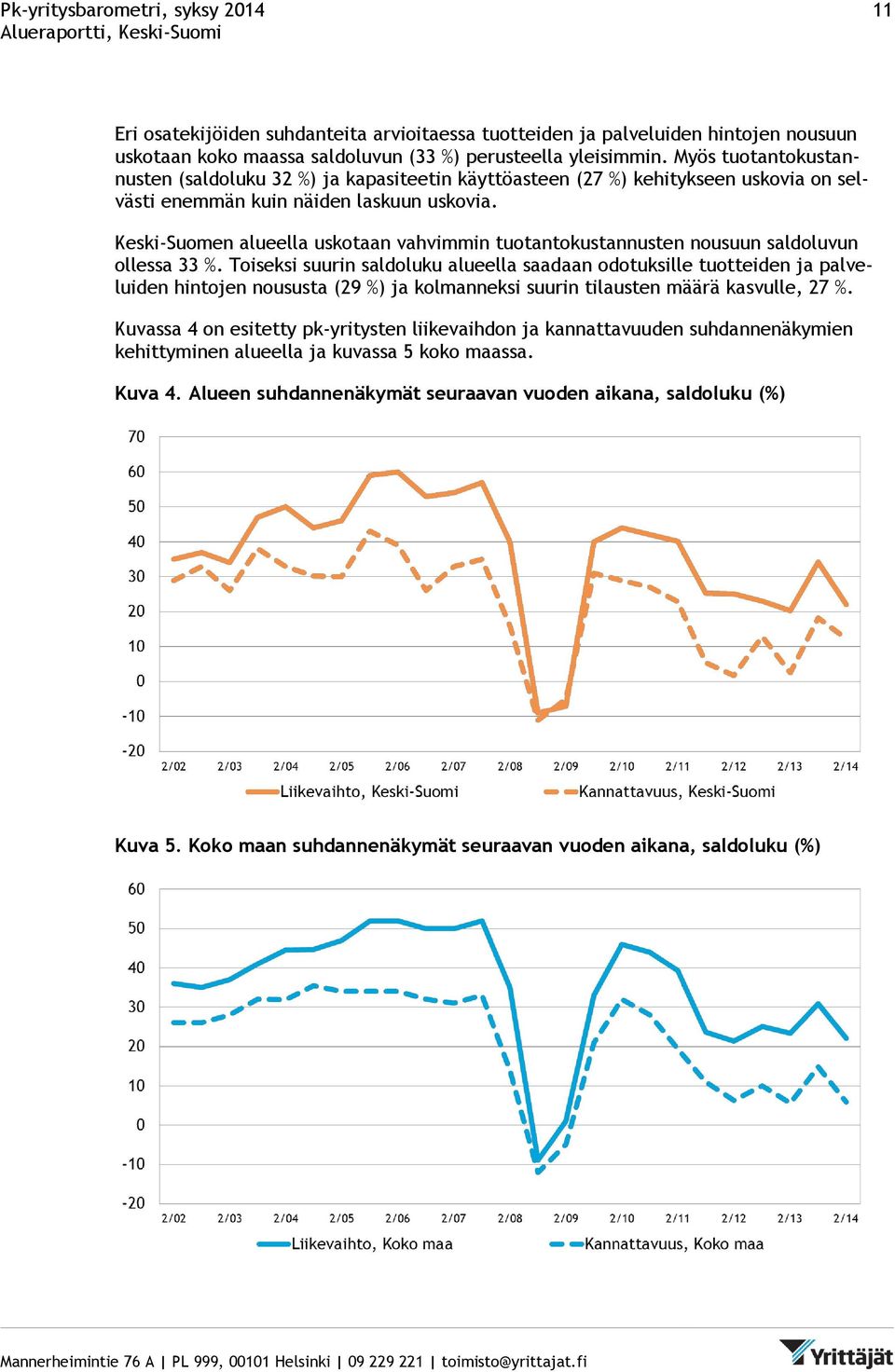 Keski-Suomen alueella uskotaan vahvimmin tuotantokustannusten nousuun saldoluvun ollessa 33 %.