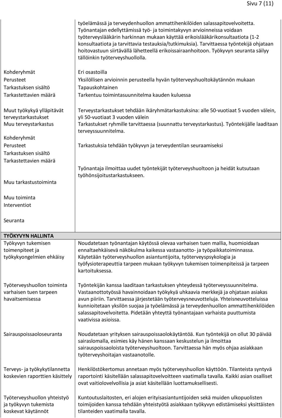 testauksia/tutkimuksia). Tarvittaessa työntekijä ohjataan hoitovastuun siirtävällä lähetteellä erikoissairaanhoitoon. Työkyvyn seuranta säilyy tällöinkin työterveyshuollolla.