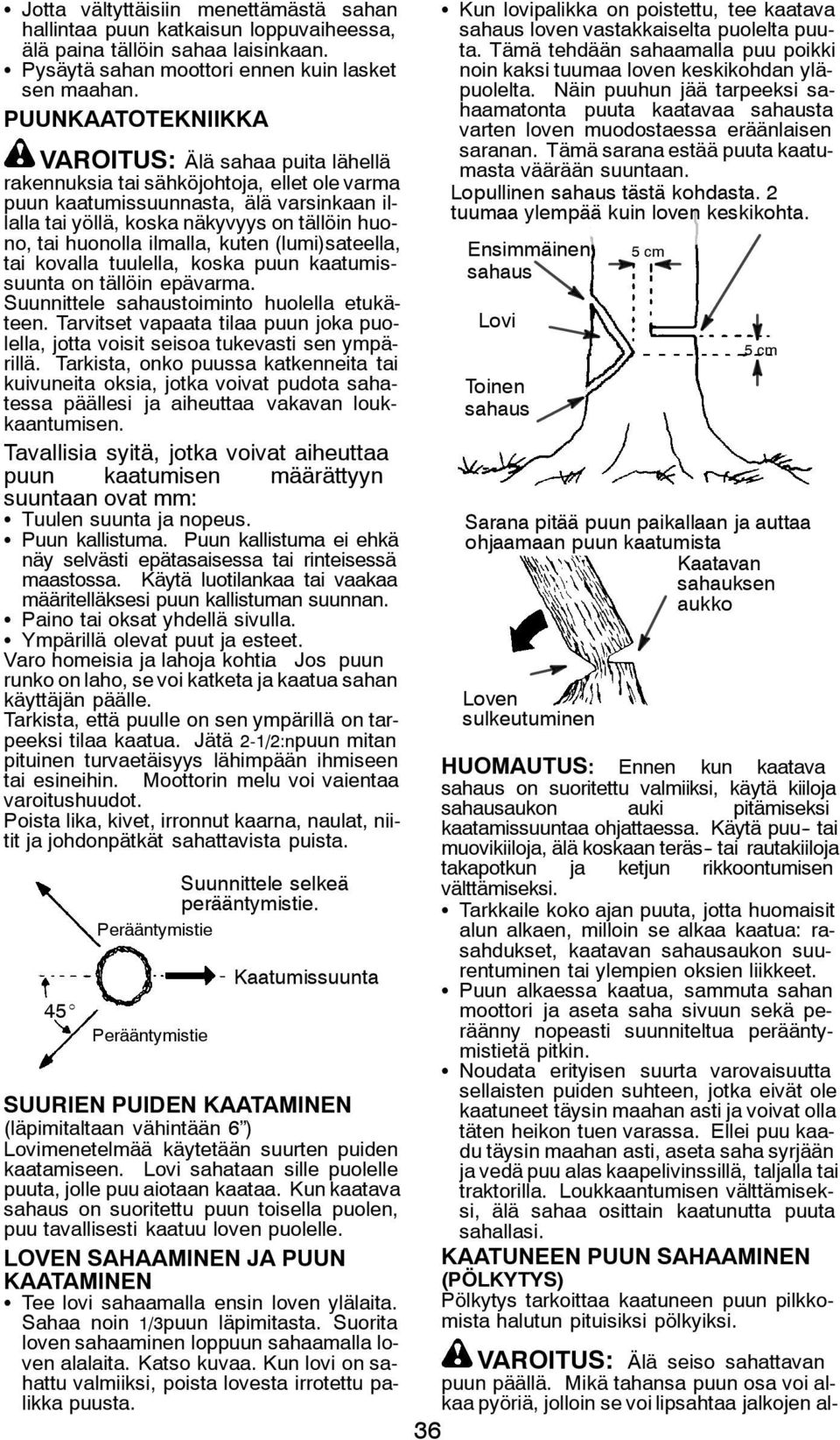 huonolla ilmalla, kuten (lumi)sateella, tai kovalla tuulella, koska puun kaatumissuunta on tällöin epävarma. Suunnittele sahaustoiminto huolella etukäteen.