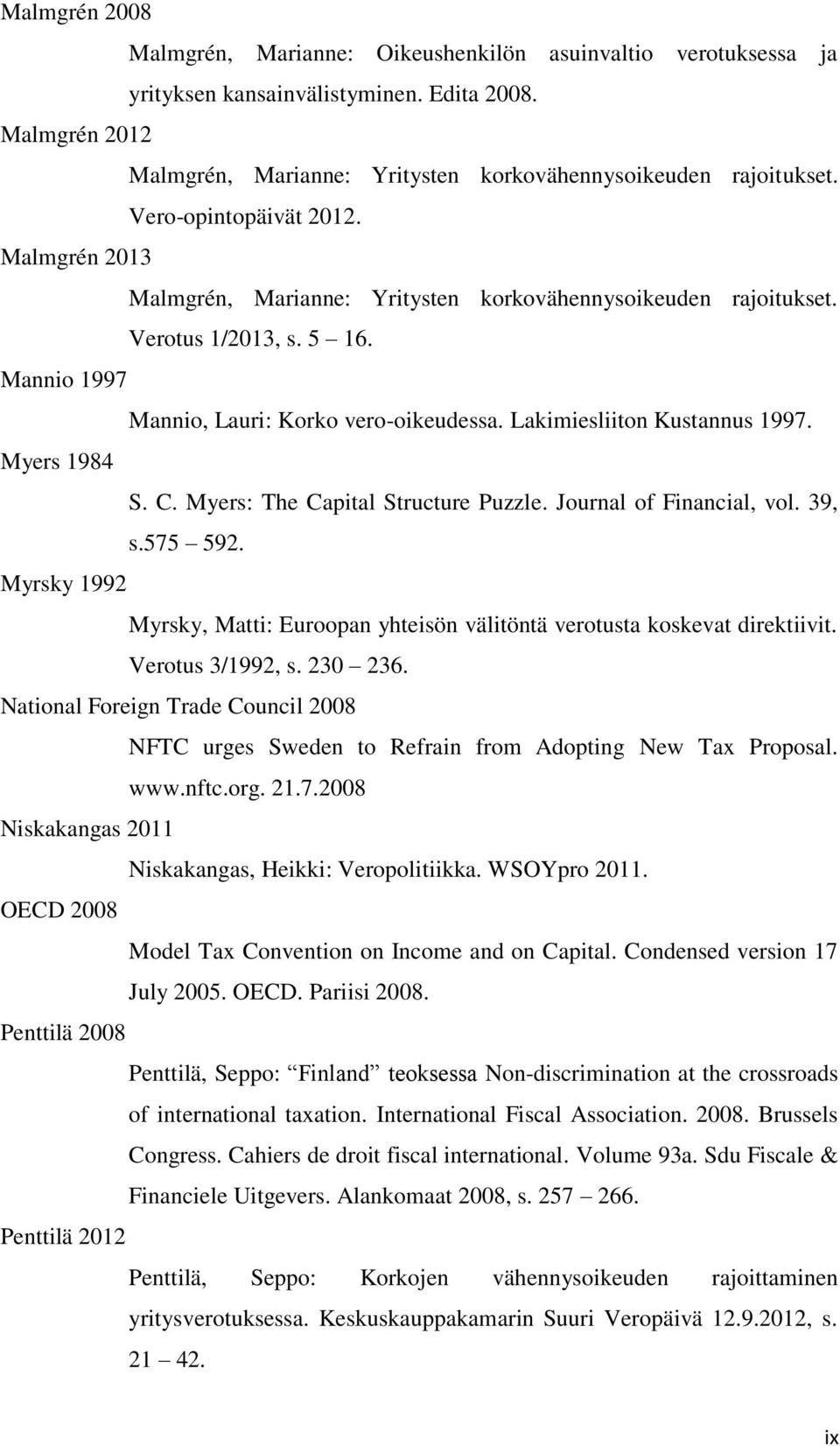 Lakimiesliiton Kustannus 1997. Myers 1984 S. C. Myers: The Capital Structure Puzzle. Journal of Financial, vol. 39, s.575 592.