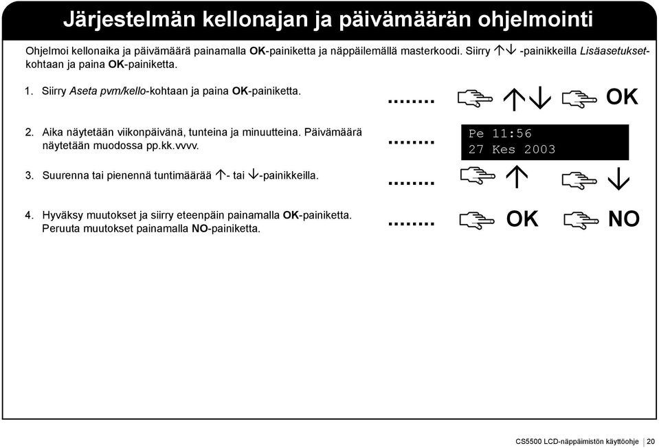 Aika näytetään viikonpäivänä, tunteina ja minuutteina. Päivämäärä näytetään muodossa pp.kk.vvvv. 3.