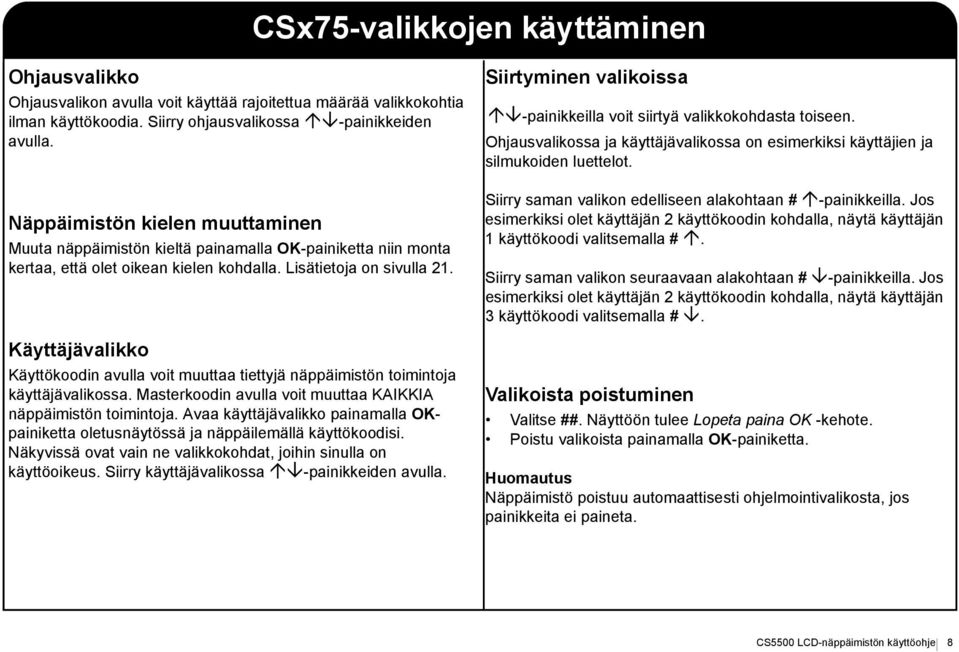 Käyttäjävalikko Käyttökoodin avulla voit muuttaa tiettyjä näppäimistön toimintoja käyttäjävalikossa. Masterkoodin avulla voit muuttaa KAIKKIA näppäimistön toimintoja.