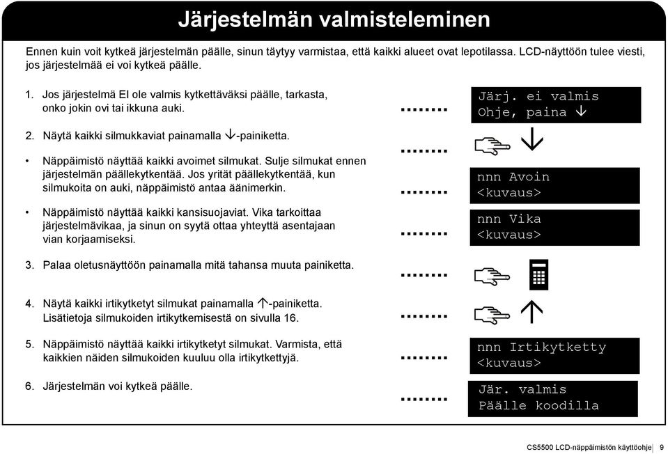 Sulje silmukat ennen järjestelmän päällekytkentää. Jos yrität päällekytkentää, kun silmukoita on auki, näppäimistö antaa äänimerkin. Näppäimistö näyttää kaikki kansisuojaviat.