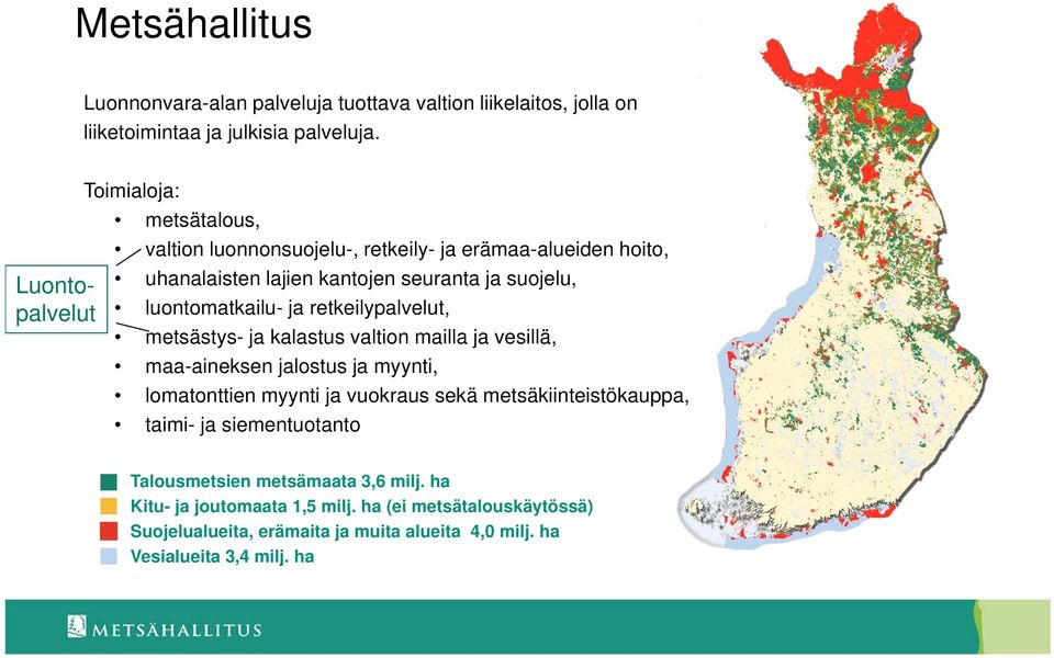 retkeilypalvelut, metsästys- ja kalastus valtion mailla ja vesillä, maa-aineksen jalostus ja myynti, lomatonttien myynti ja vuokraus sekä metsäkiinteistökauppa,