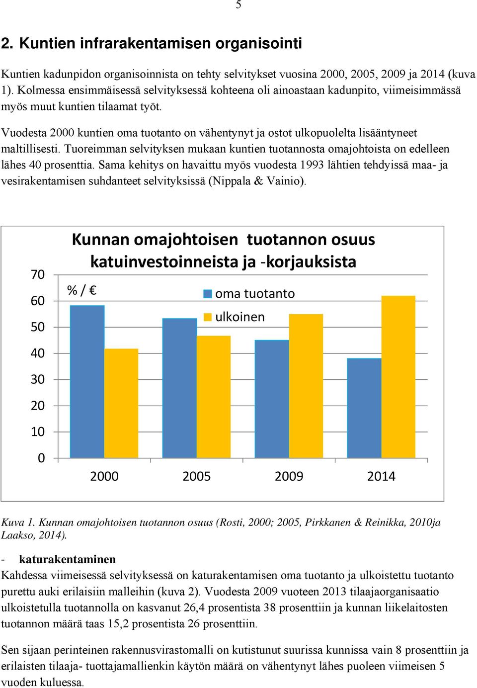 Vuodesta 2000 kuntien oma tuotanto on vähentynyt ja ostot ulkopuolelta lisääntyneet maltillisesti. Tuoreimman selvityksen mukaan kuntien tuotannosta omajohtoista on edelleen lähes 40 prosenttia.