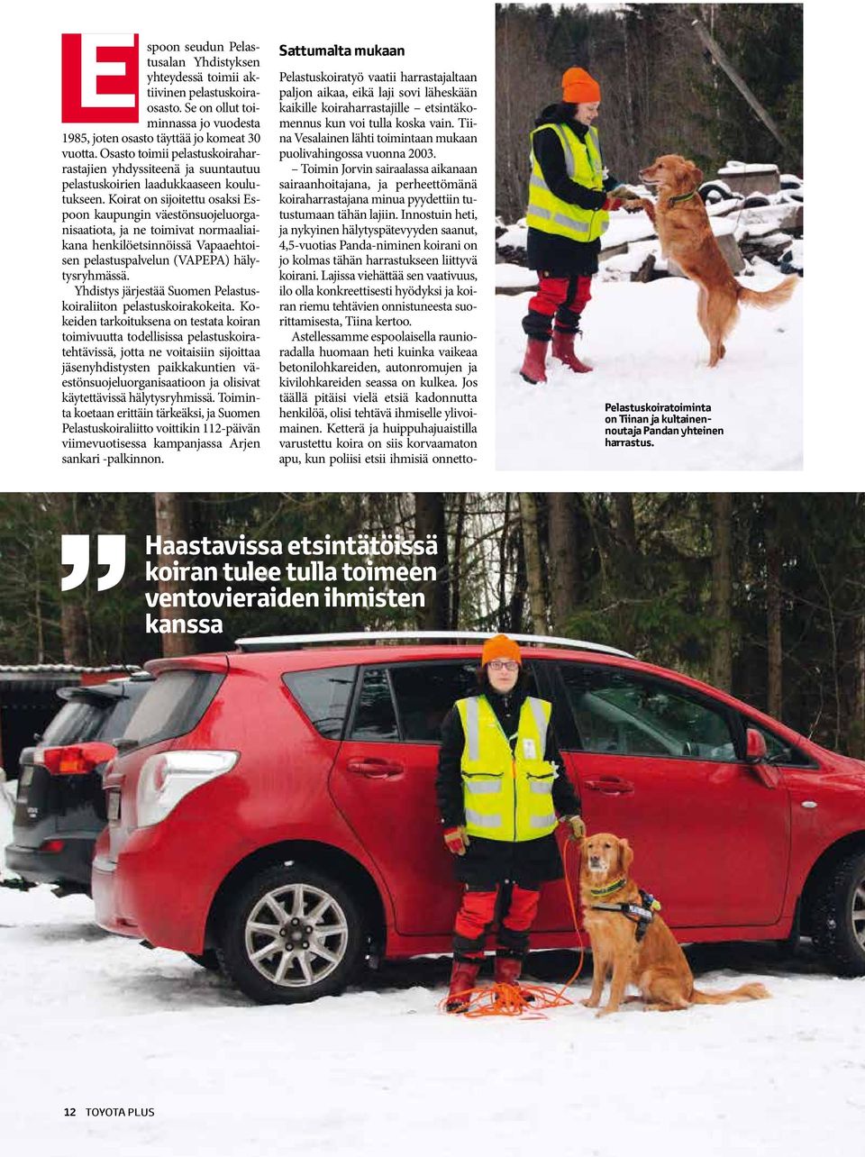 Koirat on sijoitettu osaksi Espoon kaupungin väestönsuojeluorganisaatiota, ja ne toimivat normaaliaikana henkilöetsinnöissä Vapaaehtoisen pelastuspalvelun (VAPEPA) hälytysryhmässä.