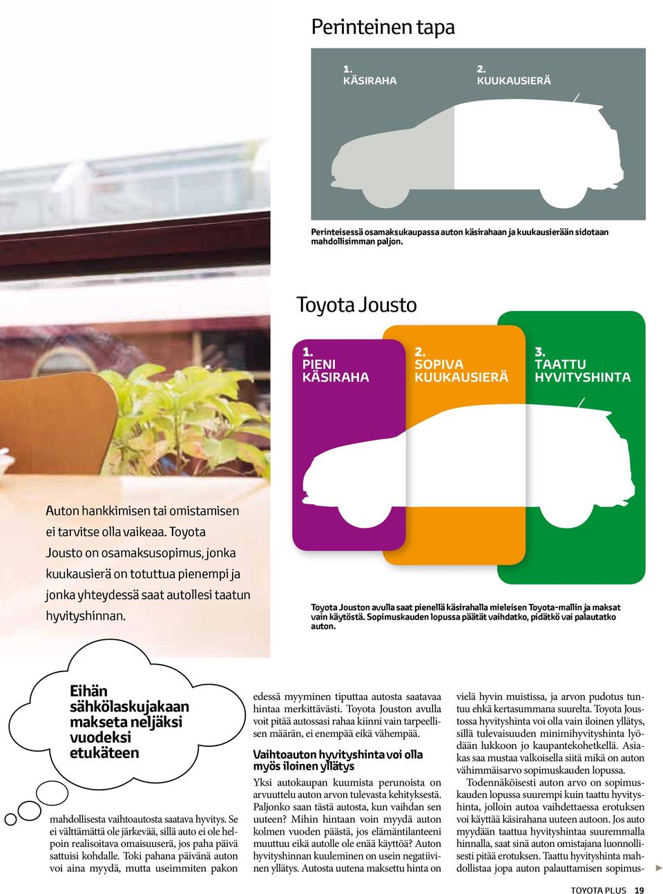 Toyota Jousto on osamaksusopimus, jonka kuukausierä on totuttua pienempi ja jonka yhteydessä saat autollesi taatun hyvityshinnan.
