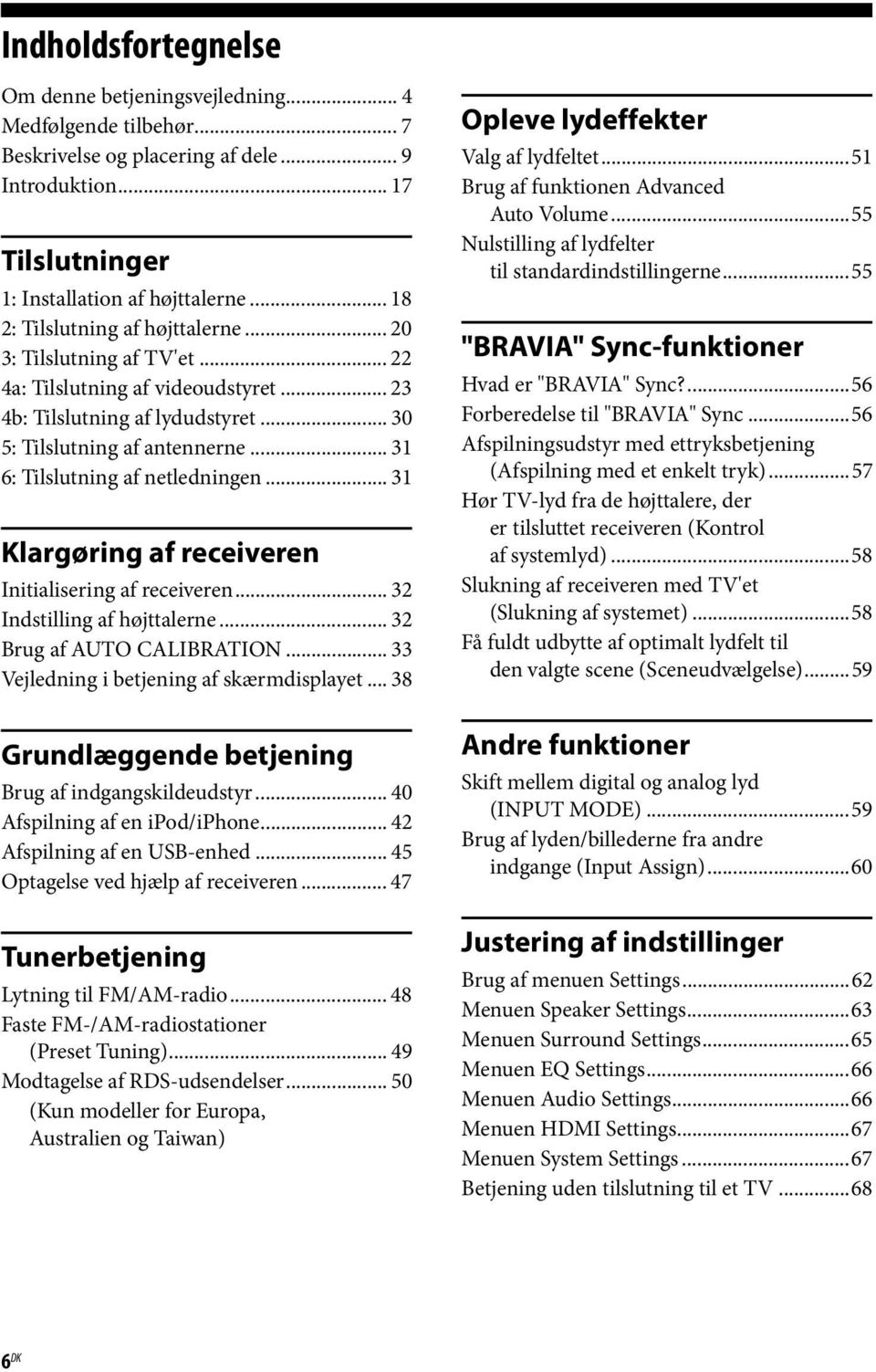 .. 31 6: Tilslutning af netledningen... 31 Klargøring af receiveren Initialisering af receiveren... 32 Indstilling af højttalerne... 32 Brug af AUTO CALIBRATION.