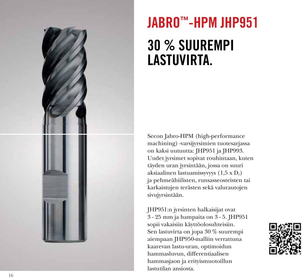karkaistujen terästen sekä valurautojen sivujyrsintään. 16 JHP951:n jyrsinten halkaisijat ovat 3-25 mm ja hampaita on 3-5. JHP951 sopii vakaisiin käyttöolosuhteisiin.