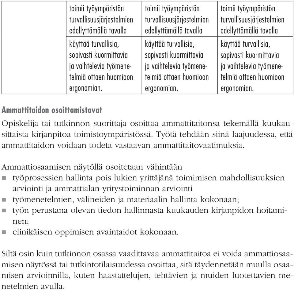 Työtä tehdään siinä laajuudessa, että ammattitaidon voidaan todeta vastaavan ammattitaitovaatimuksia.