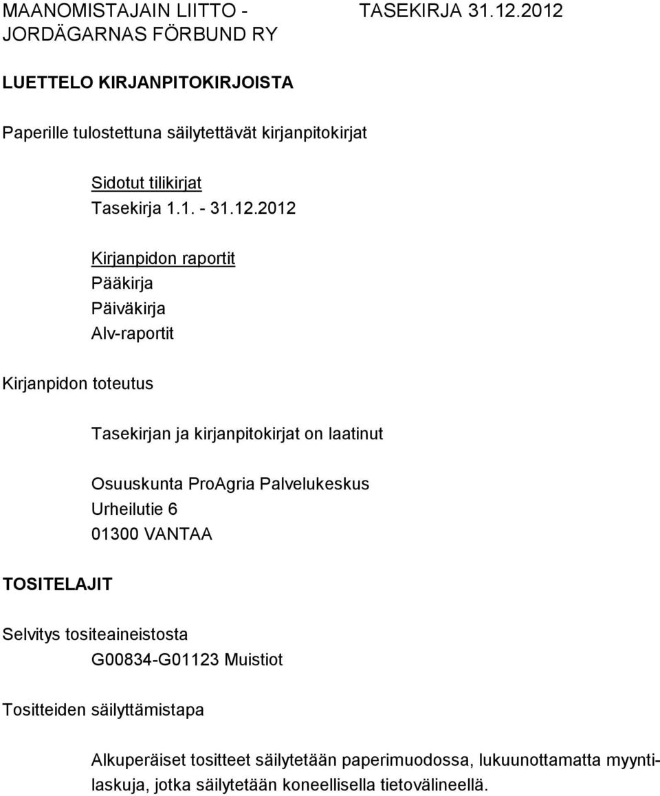 Osuuskunta ProAgria Palvelukeskus Urheilutie 6 01300 VANTAA TOSITELAJIT Selvitys tositeaineistosta G00834-G01123 Muistiot