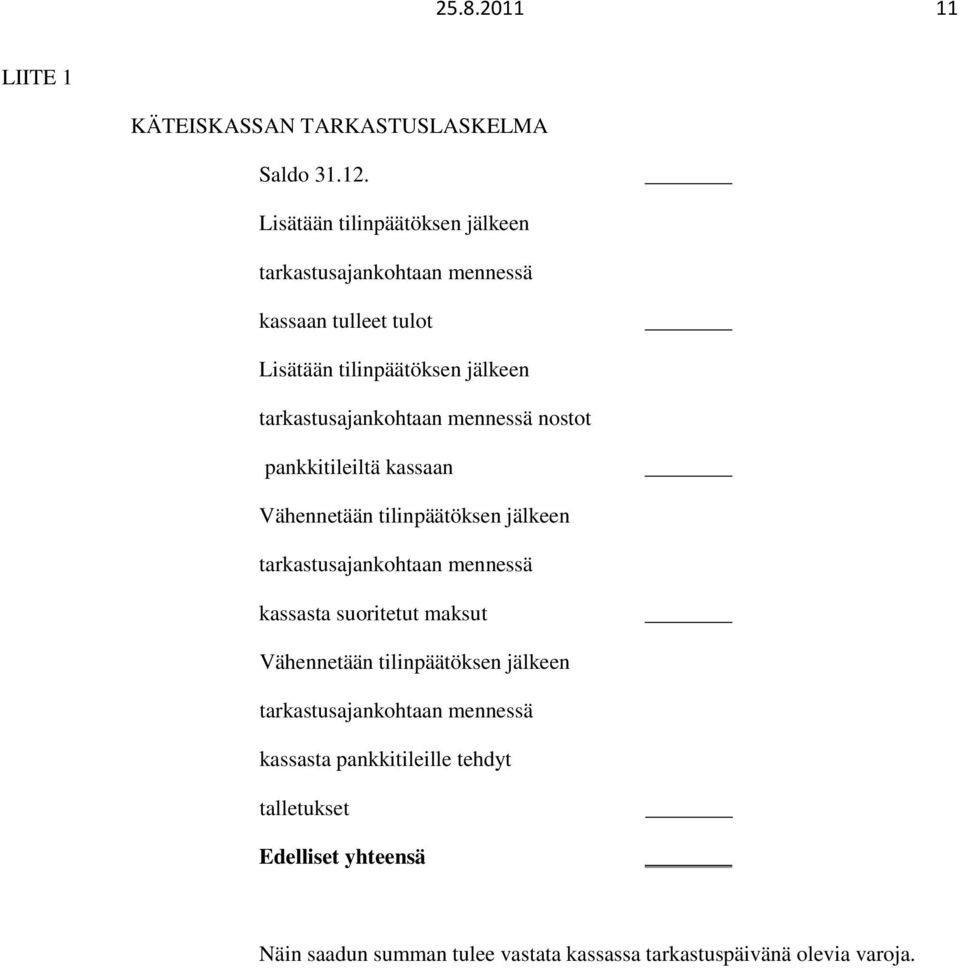 tarkastusajankohtaan mennessä nostot pankkitileiltä kassaan Vähennetään tilinpäätöksen jälkeen tarkastusajankohtaan mennessä kassasta