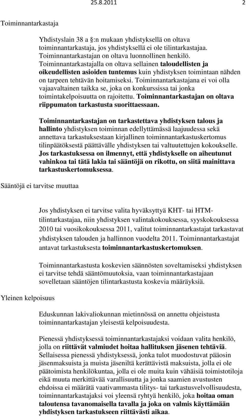 Toiminnantarkastajana ei voi olla vajaavaltainen taikka se, joka on konkurssissa tai jonka toimintakelpoisuutta on rajoitettu. Toiminnantarkastajan on oltava riippumaton tarkastusta suorittaessaan.