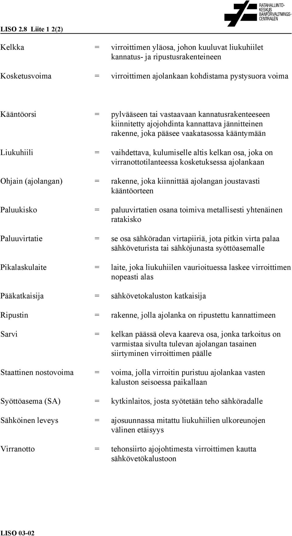 tai vastaavaan kannatusrakenteeseen kiinnitetty ajojohdinta kannattava jännitteinen rakenne, joka pääsee vaakatasossa kääntymään Liukuhiili = vaihdettava, kulumiselle altis kelkan osa, joka on