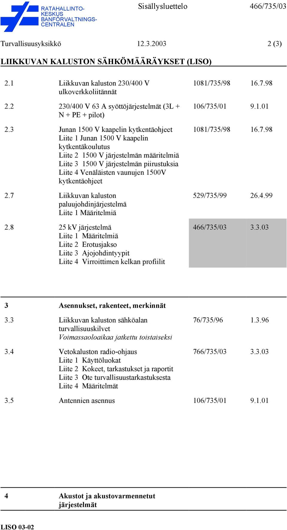 3 Junan 1500 V kaapelin kytkentäohjeet Liite 1 Junan 1500 V kaapelin kytkentäkoulutus Liite 2 1500 V järjestelmän määritelmiä Liite 3 1500 V järjestelmän piirustuksia Liite 4 Venäläisten vaunujen