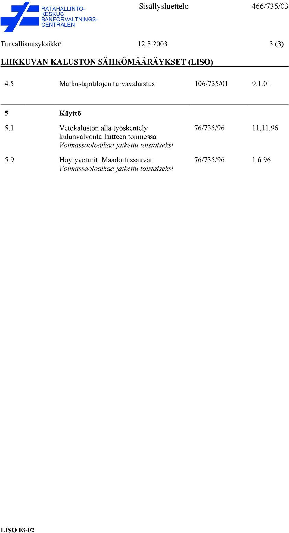 1 Vetokaluston alla työskentely kulunvalvonta-laitteen toimiessa Voimassaoloaikaa jatkettu toistaiseksi 5.