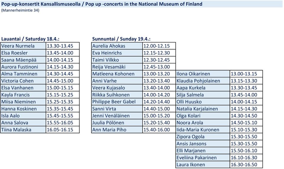 00 Alma Tamminen 14.30-14.45 Matleena Kohonen 13.00-13.20 Ilona Oikarinen 13.00-13.15 Victoria Cohen 14.45-15.00 Anni Varhe 13.20-13.40 Klaudia Pohjolainen 13.15-13.30 Elsa Vanhanen 15.00-15.