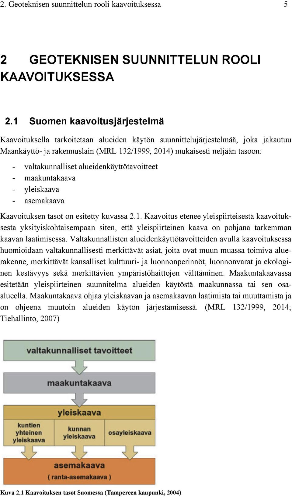 valtakunnalliset alueidenkäyttötavoitteet - maakuntakaava - yleiskaava - asemakaava Kaavoituksen tasot on esitetty kuvassa 2.1.