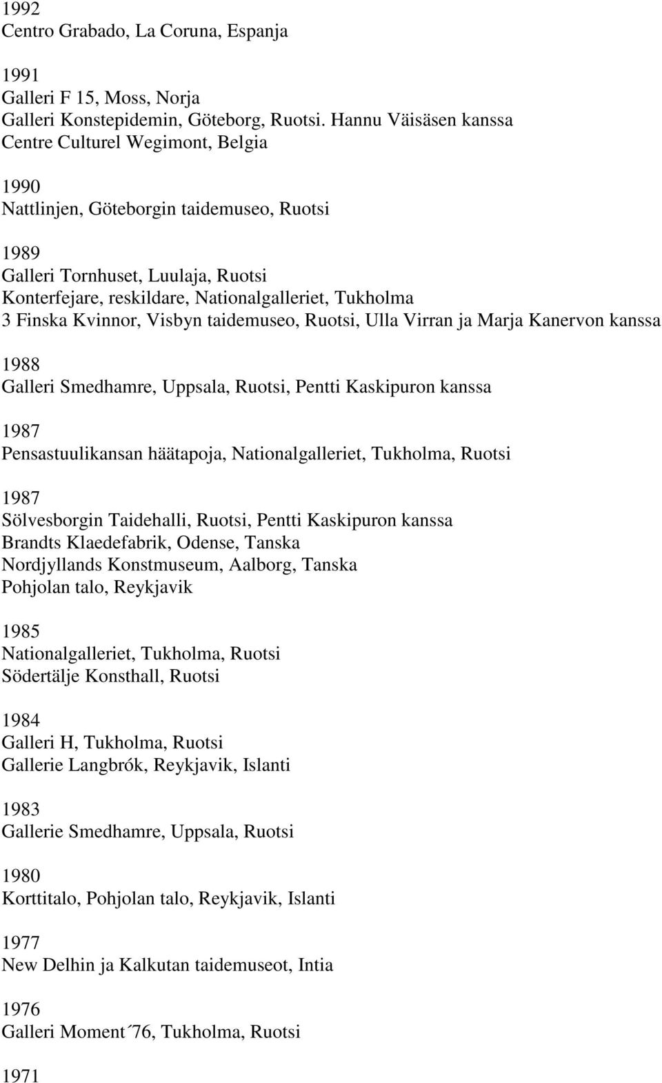 Finska Kvinnor, Visbyn taidemuseo, Ruotsi, Ulla Virran ja Marja Kanervon kanssa 1988 Galleri Smedhamre, Uppsala, Ruotsi, Pentti Kaskipuron kanssa 1987 Pensastuulikansan häätapoja, Nationalgalleriet,
