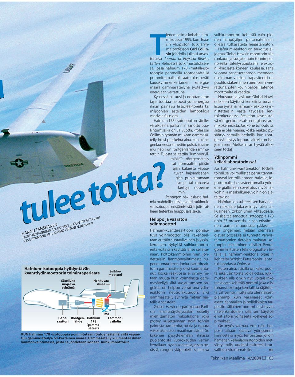 seinämä Röntgenlähde 178 Hafnium (gammasäteet) Generaattori Hehkuvaa ilmaa Suihkumoottori Ilma Lämmönvaihdin KUN hafnium 178 -isotooppia pommitetaan röntgensäteillä, siitä vapautuu gammasäteilyä