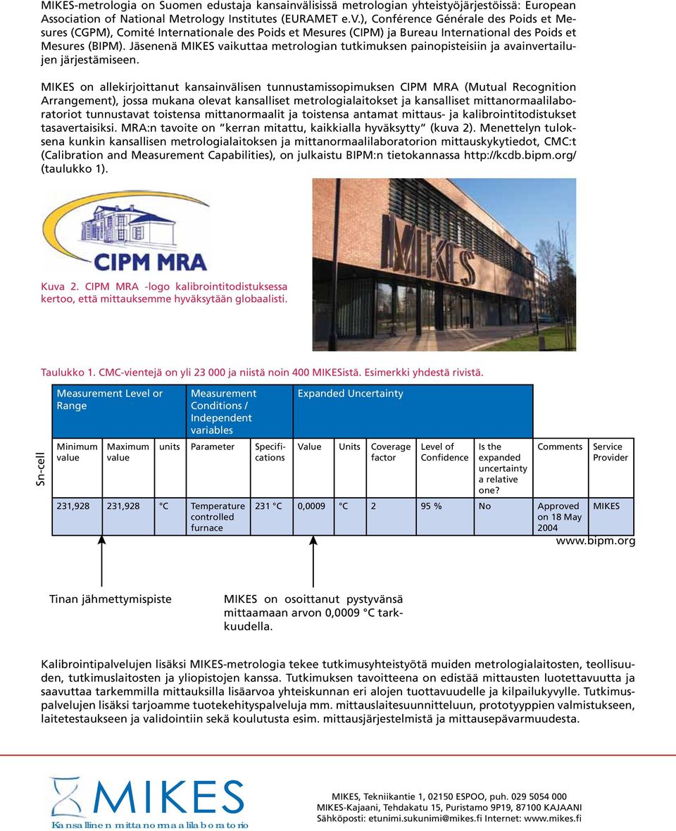 MIKES on allekirjoittanut kansainvälisen tunnustamissopimuksen CIPM MRA (Mutual Recognition Arrangement), jossa mukana olevat kansalliset metrologialaitokset ja kansalliset mittanormaalilaboratoriot