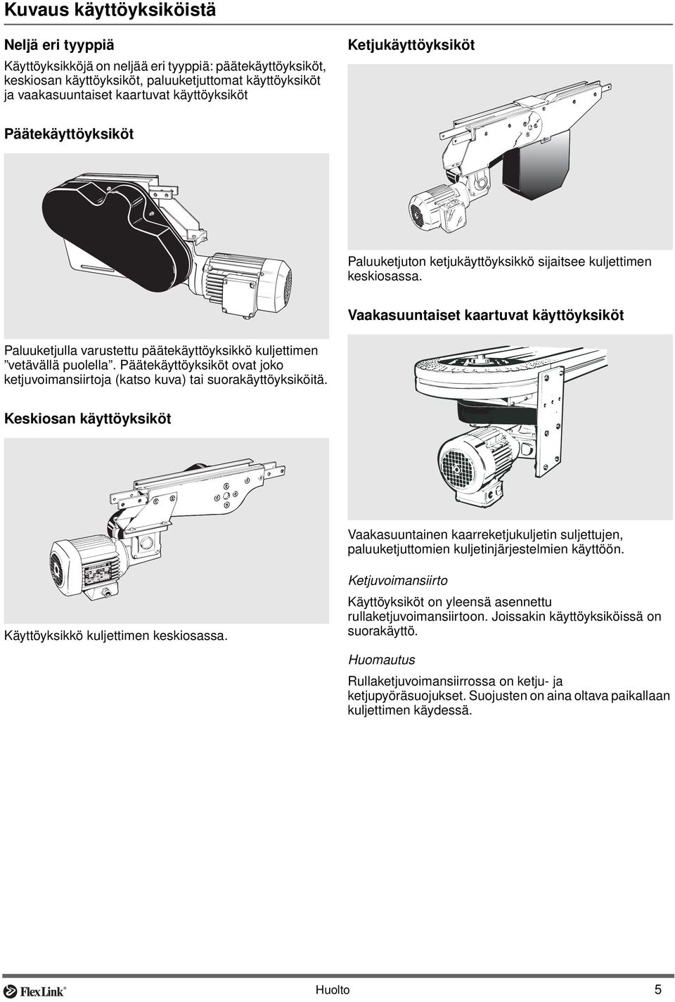 Vaakasuuntaiset kaartuvat käyttöyksiköt Paluuketjulla varustettu päätekäyttöyksikkö kuljettimen vetävällä puolella.