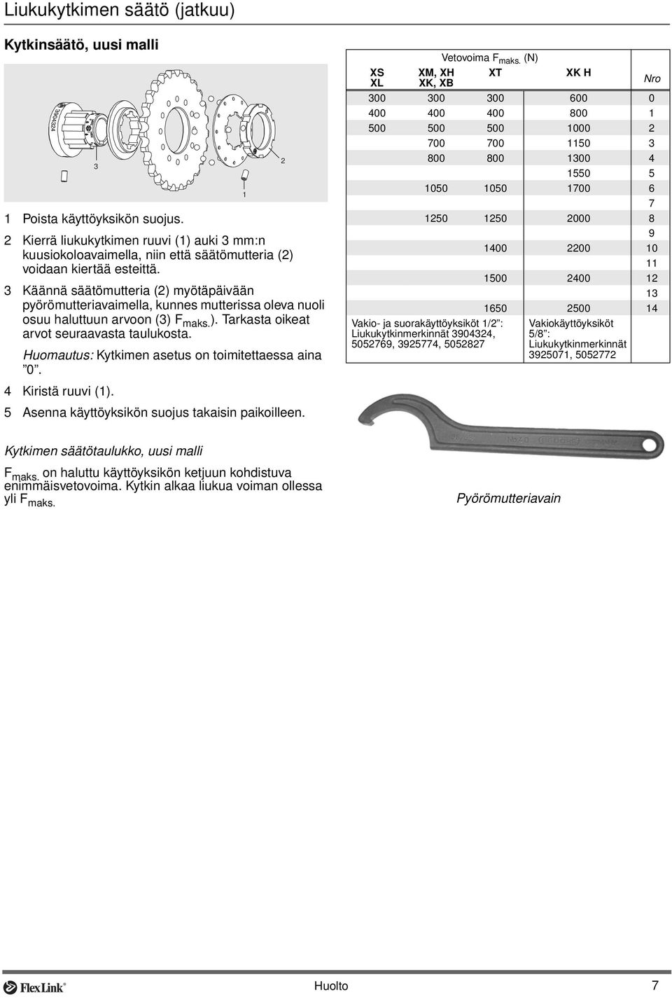 3 Käännä säätömutteria (2) myötäpäivään pyörömutteriavaimella, kunnes mutterissa oleva nuoli osuu haluttuun arvoon (3) F maks. ). Tarkasta oikeat arvot seuraavasta taulukosta.