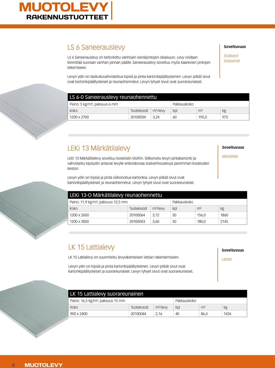 LS 6-0 Saneerauslevy reunaohennettu Paino: 5 kg/m², paksuus 6 mm 1200 x 2700 20100034 3,24 60 195,0 975 LEKi 13 Märkätilalevy LEKi 13 Märkätilalevy soveltuu kosteisiin tiloihin.