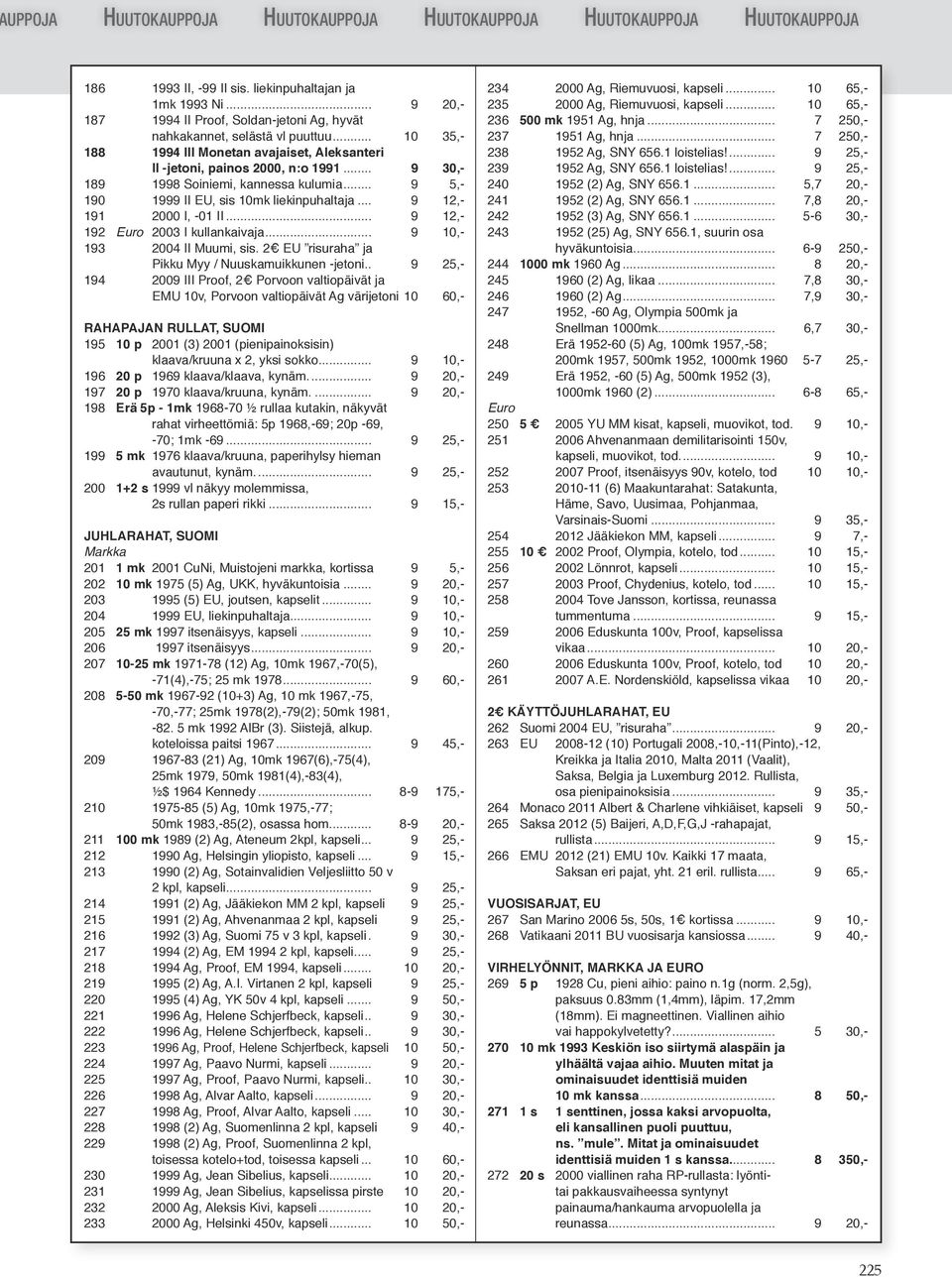 .. 9 30,- 189 1998 Soiniemi, kannessa kulumia... 9 5,- 190 1999 II EU, sis 10mk liekinpuhaltaja... 9 12,- 191 2000 I, -01 II... 9 12,- 192 Euro 2003 I kullankaivaja... 9 10,- 193 2004 II Muumi, sis.