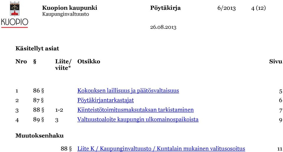 88 1-2 Kiinteistötoimitusmaksutaksan tarkistaminen 7 4 89 3 Valtuustoaloite kaupungin