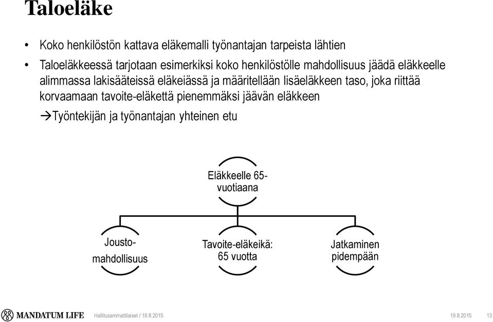 riittää korvaamaan tavoite-eläkettä pienemmäksi jäävän eläkkeen Työntekijän ja työnantajan yhteinen etu Eläkkeelle 65-