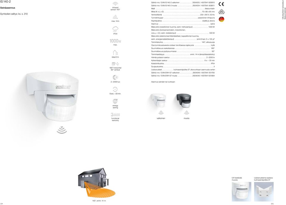 .. seinä Maks.teho (resistiivinen kuorma, esim. hehkulamput)... 1000 W Maks.teho (kompensoimaton, induktiivinen, IP 54 cos j = 0,5, esim. loistelamput)... 500 W Maks.
