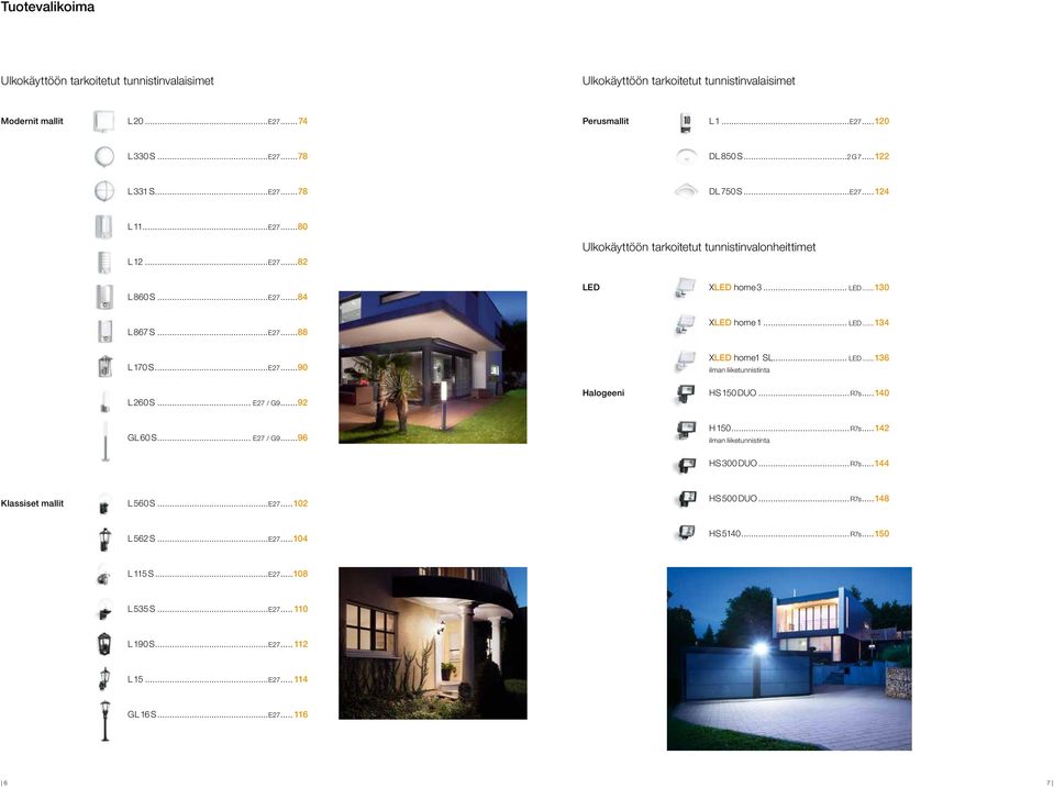 ..92 Halogeeni XLED home1 SL... LED...136 ilman liiketunnistinta HS 150 DUO...R7s...140 GL 60 S... E27 / G9...96 H 150...R7s...142 ilman liiketunnistinta HS 300 DUO...R7s...144 Klassiset mallit L 560 S.