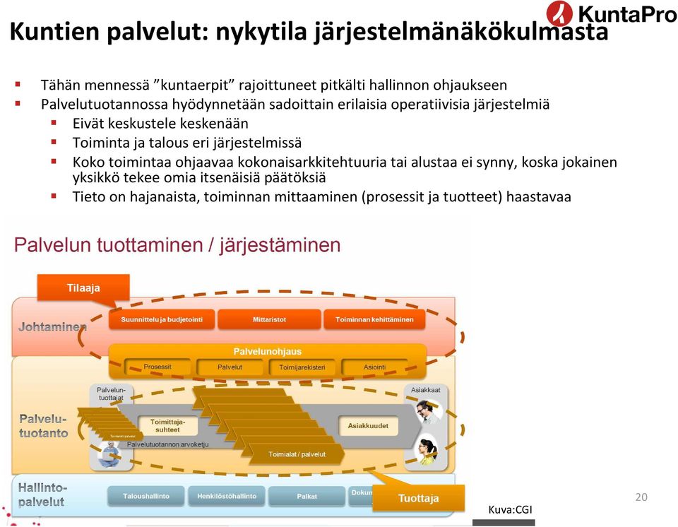 talous eri järjestelmissä Koko toimintaa ohjaavaa kokonaisarkkitehtuuria tai alustaa ei synny, koska jokainen yksikkö