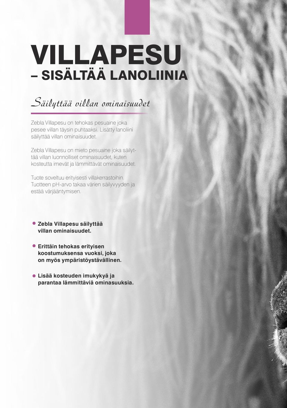 Zebla Villapesu on mieto pesuaine joka säilyttää villan luonnolliset ominaisuudet, kuten kosteutta imevät ja lämmittävät ominaisuudet.