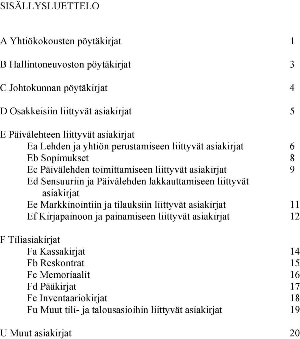 Päivälehden lakkauttamiseen liittyvät asiakirjat Ee Markkinointiin ja tilauksiin liittyvät asiakirjat 11 Ef Kirjapainoon ja painamiseen liittyvät asiakirjat 12 F