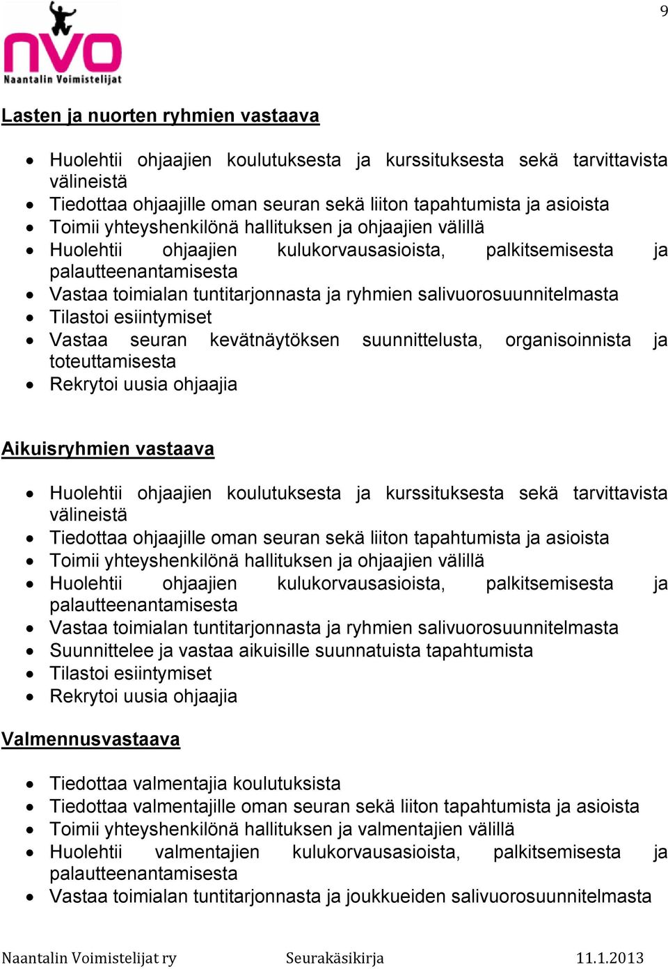 Tilastoi esiintymiset Vastaa seuran kevätnäytöksen suunnittelusta, organisoinnista ja toteuttamisesta Rekrytoi uusia ohjaajia Aikuisryhmien vastaava Huolehtii ohjaajien koulutuksesta ja